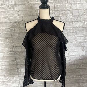 High neck cold shoulder long sleeve sheer blouse Sz Small